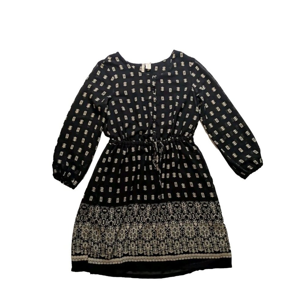 Japna Black Printed 1/2 Button Up Drawstring Bow Tie Waist Dress Sz S Pockets